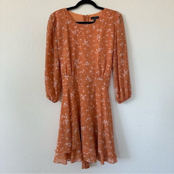 Ever After Orange Floral Long Sleeve Tiered Mini Dress Size Large - Picture 2 of 13